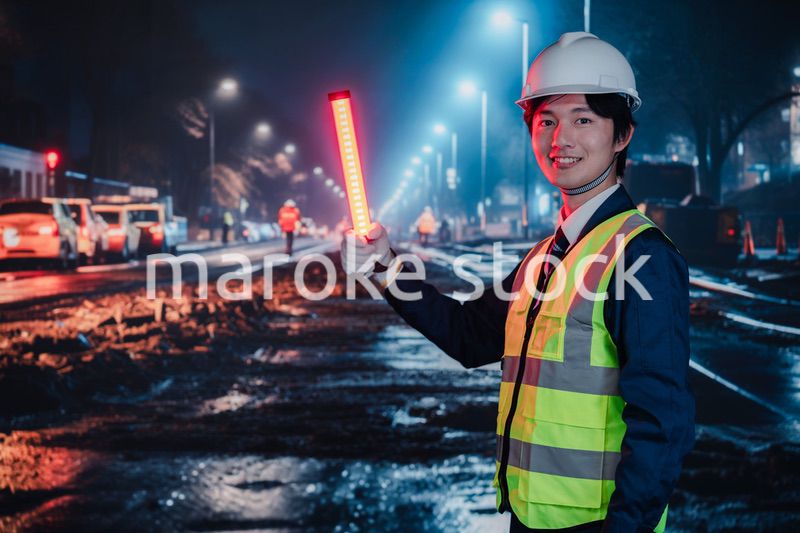 道路で交通整理をする警備員