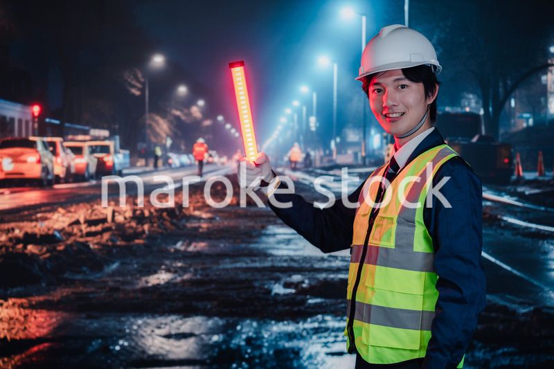 道路で交通整理をする警備員