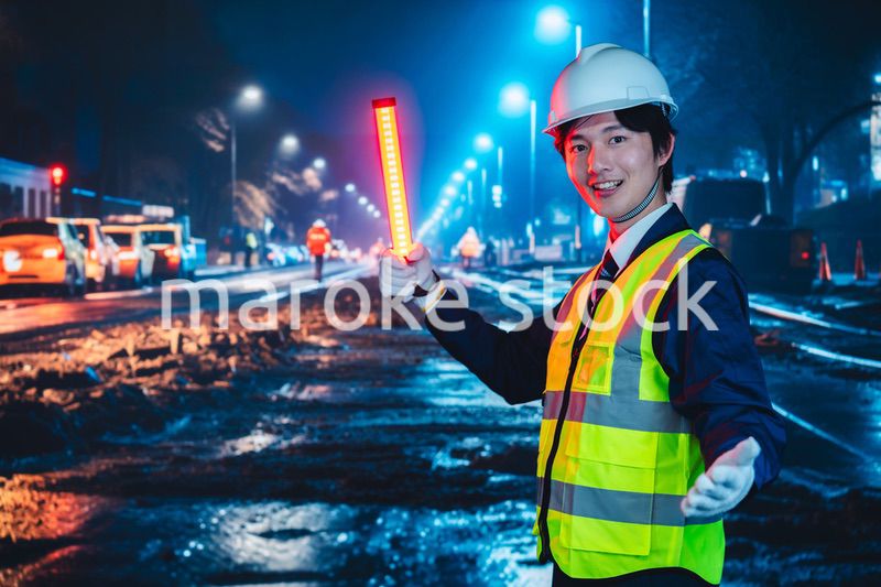 道路で案内をする警備員