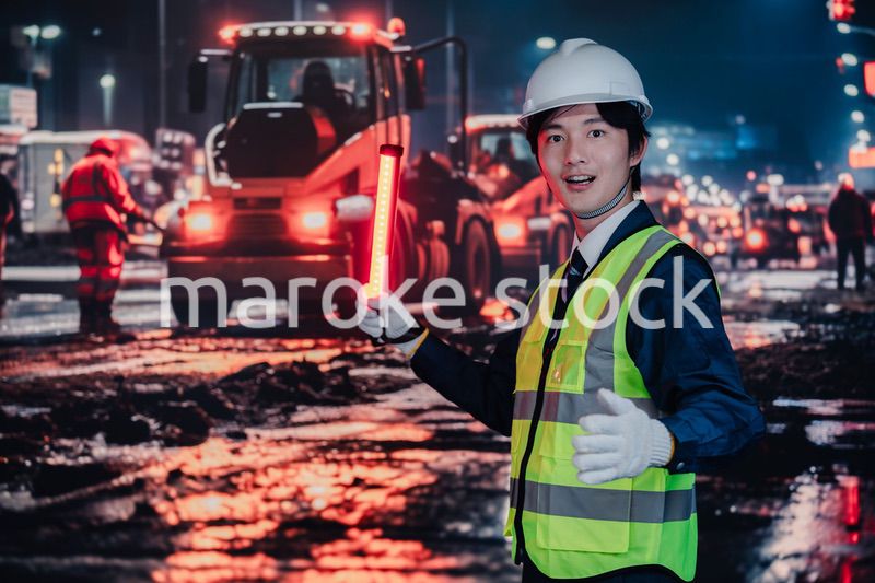 道路で交通整理をする警備員