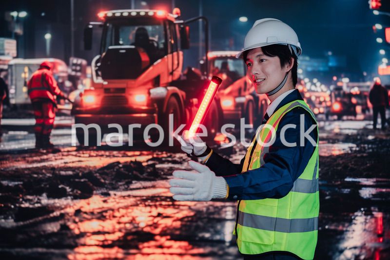 道路で交通整理をする警備員