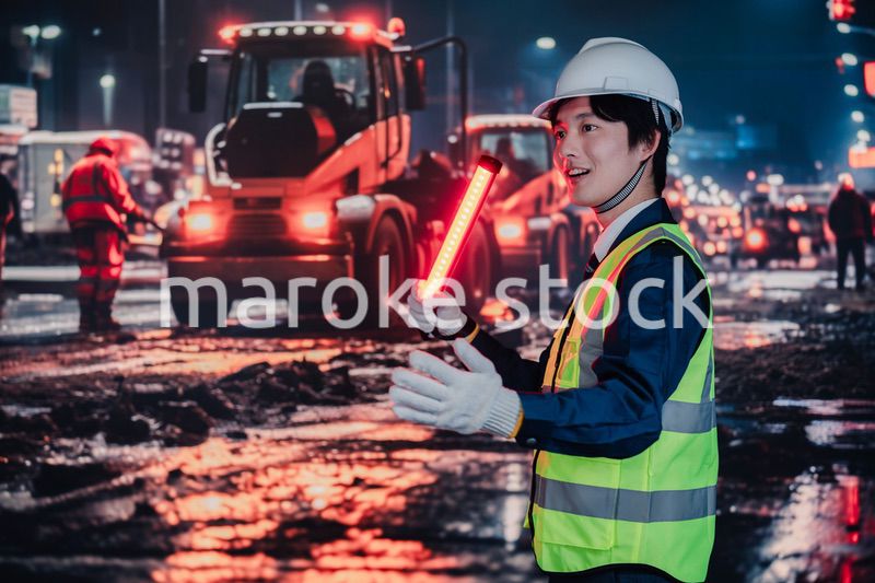 道路で交通整理をする警備員