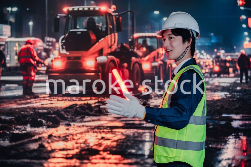 道路で交通整理をする警備員