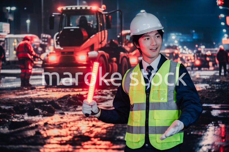 道路で交通整理をする警備員