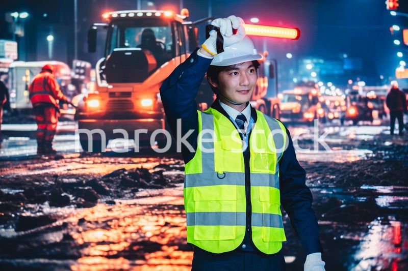 道路で案内をする警備員