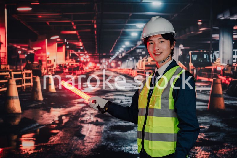 道路で交通整理をする警備員