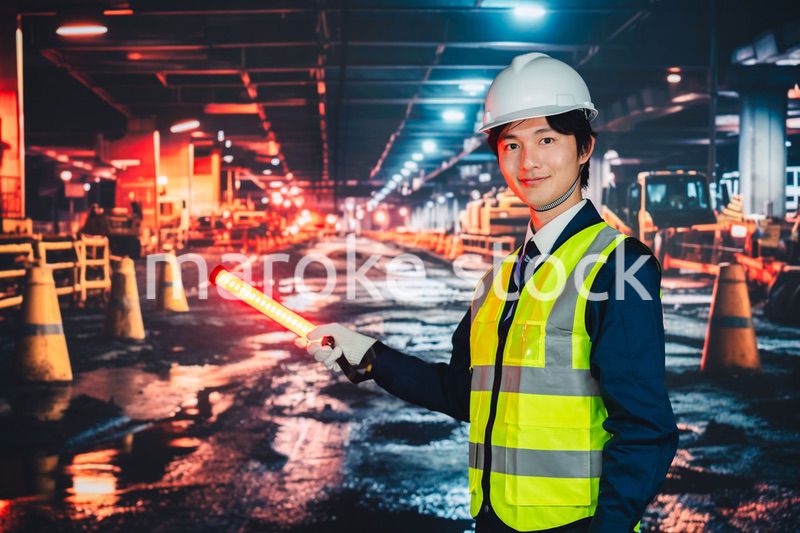 道路で案内をする警備員