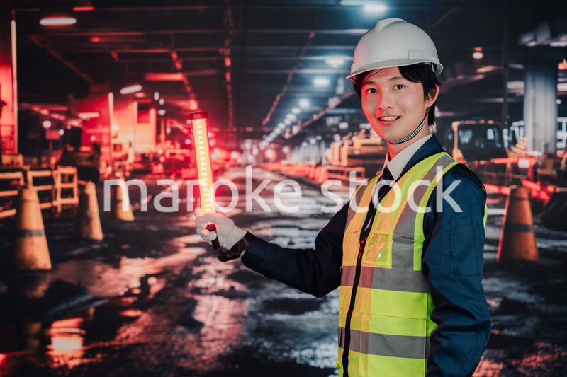 道路で交通整理をする警備員