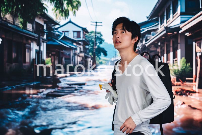 大雨で浸水した街から避難する男性