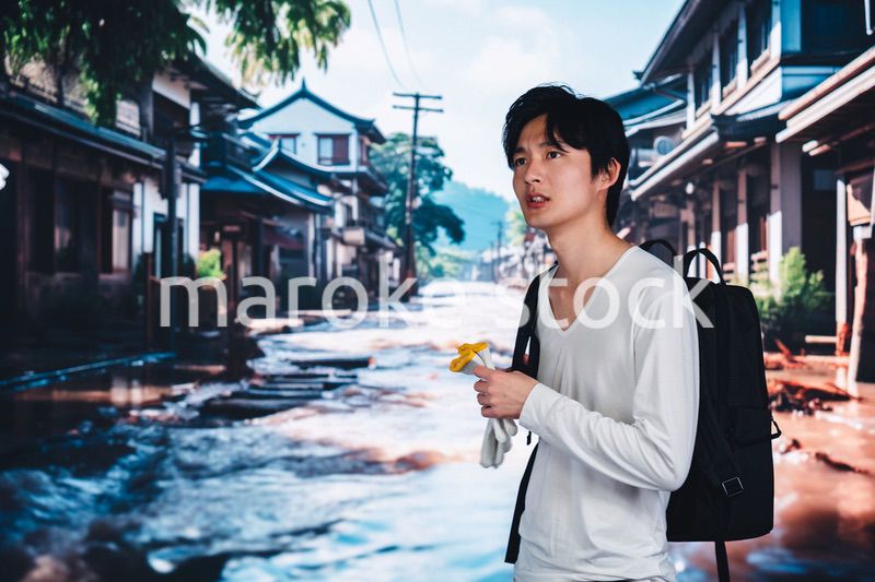 大雨で浸水した街から避難する男性