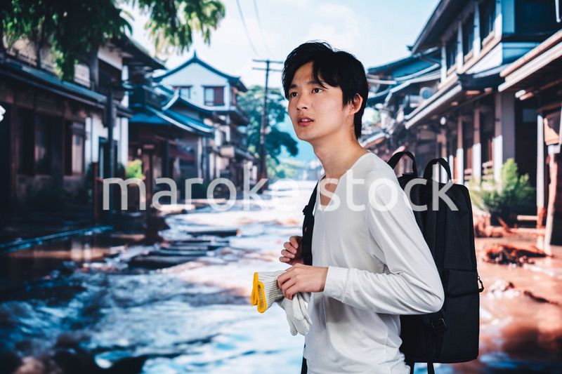 大雨で浸水した街から避難する男性