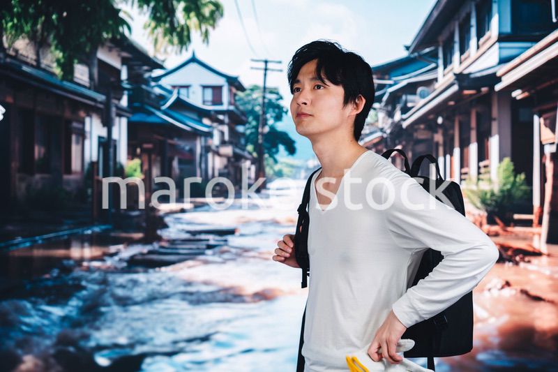 大雨で浸水した街から避難する男性