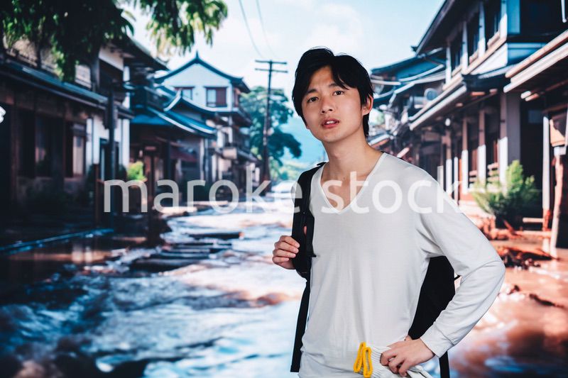 大雨で浸水した街から避難する男性