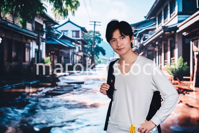 大雨で浸水した街から避難する男性