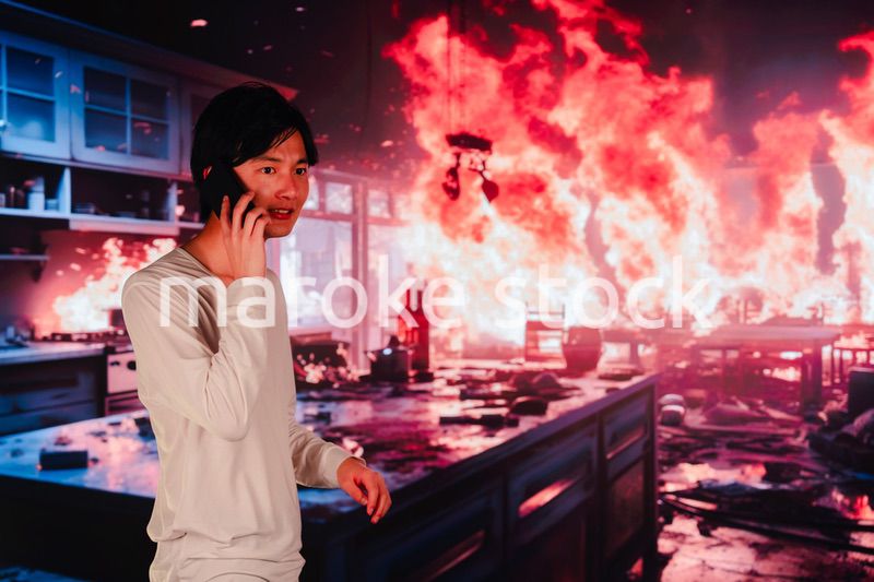 火事現場から消防に通報をする若い男性