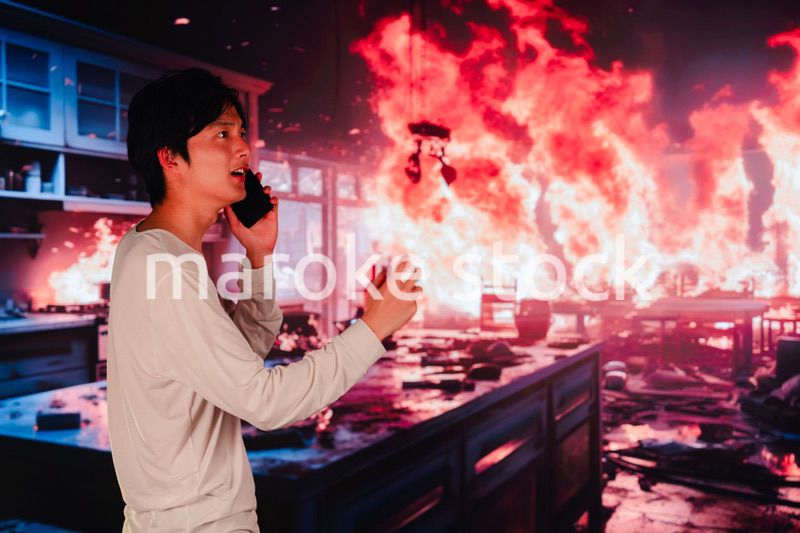 火事現場から消防に通報をする若い男性