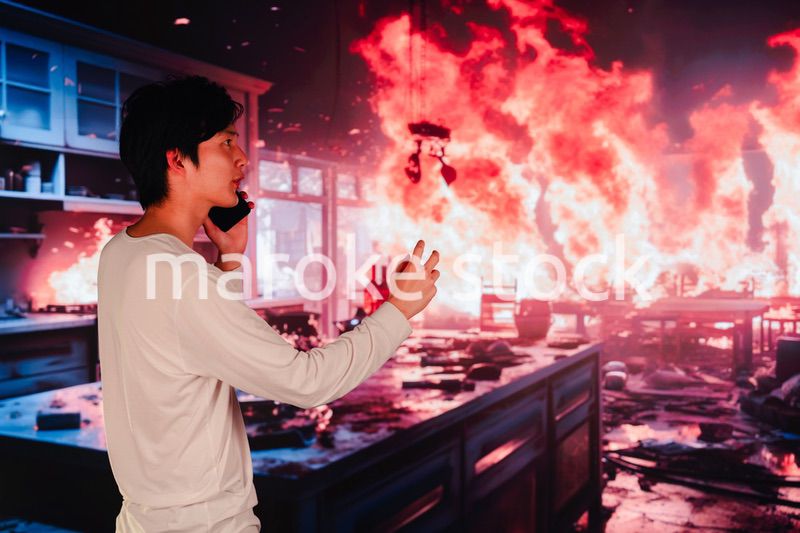 火事現場から消防に通報をする若い男性