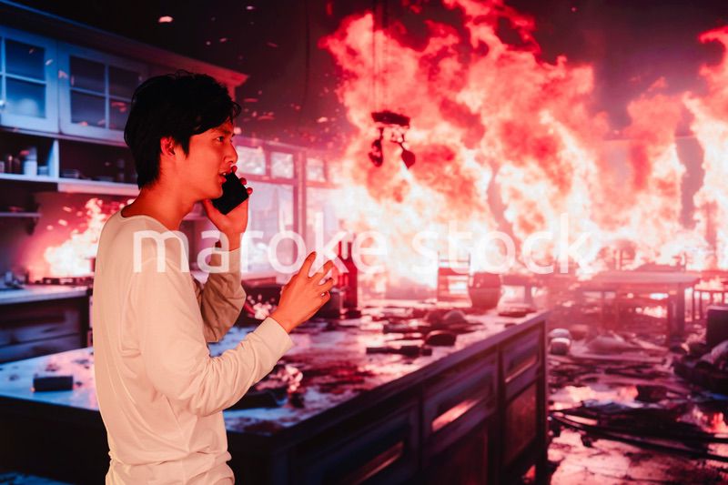 火事現場から消防に通報をする若い男性