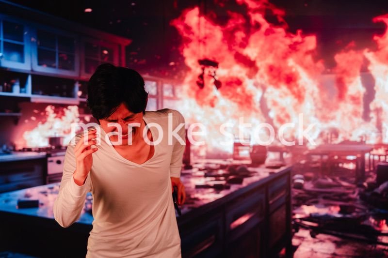 火災現場から走って逃げる若い男性