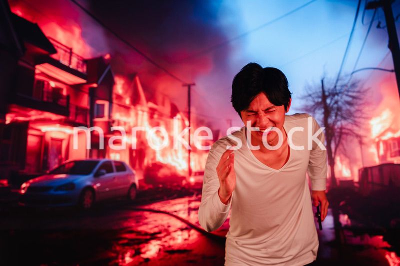 火災現場から走って逃げる若い男性