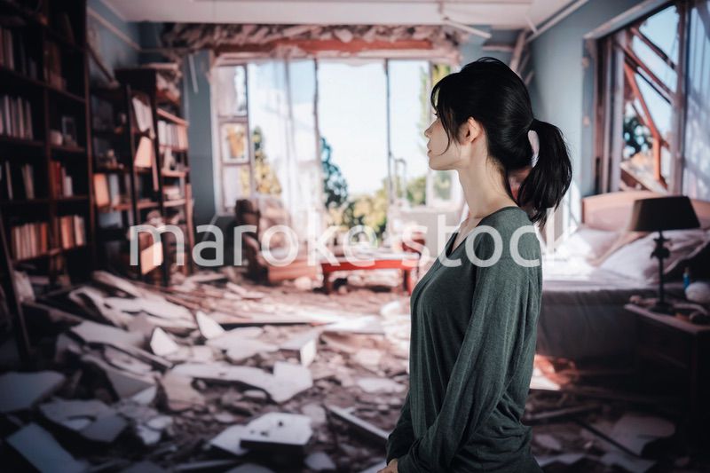 地震で家が倒壊して途方に暮れる女性