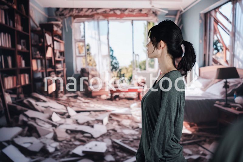 地震で家が倒壊して途方に暮れる女性