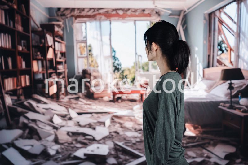 地震で家が倒壊して途方に暮れる女性
