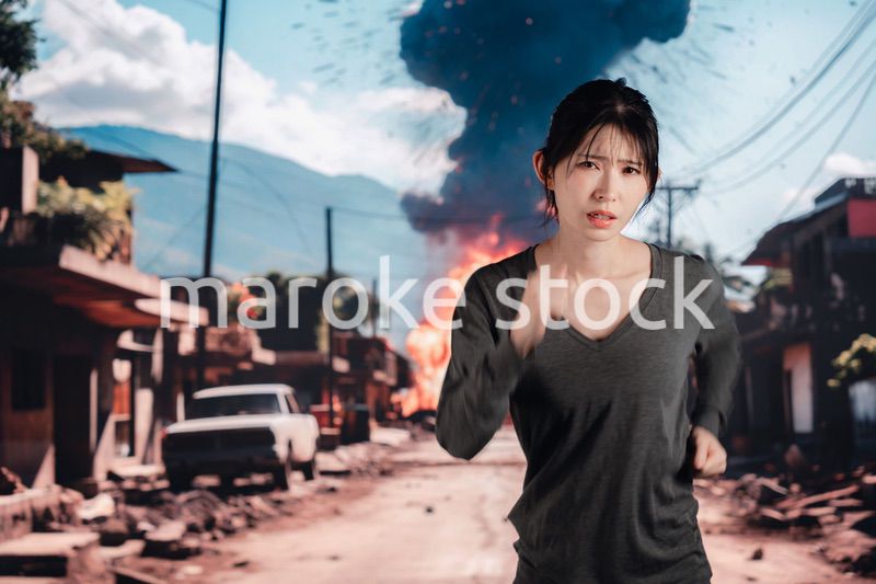 爆発から逃げる若い女性