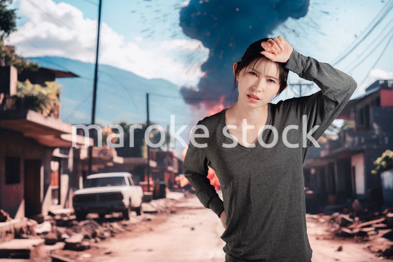 爆発から逃げる若い女性