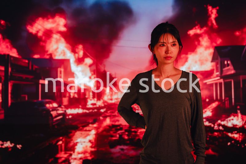 大火災で途方に暮れる若い女性