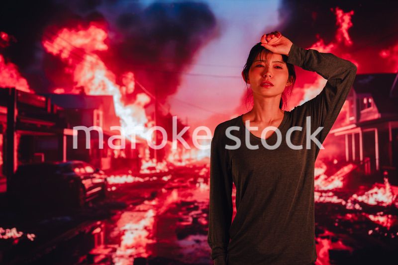 大火災で途方に暮れる若い女性