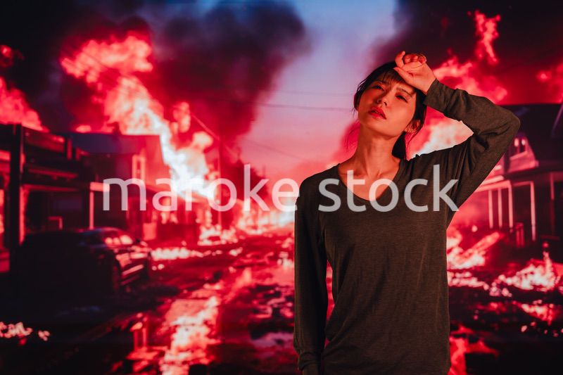 大火災で途方に暮れる若い女性