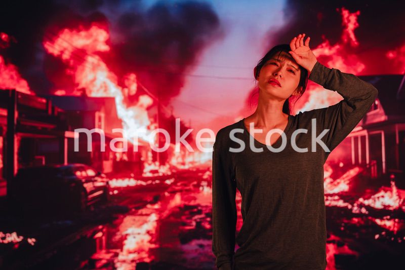 大火災で途方に暮れる若い女性