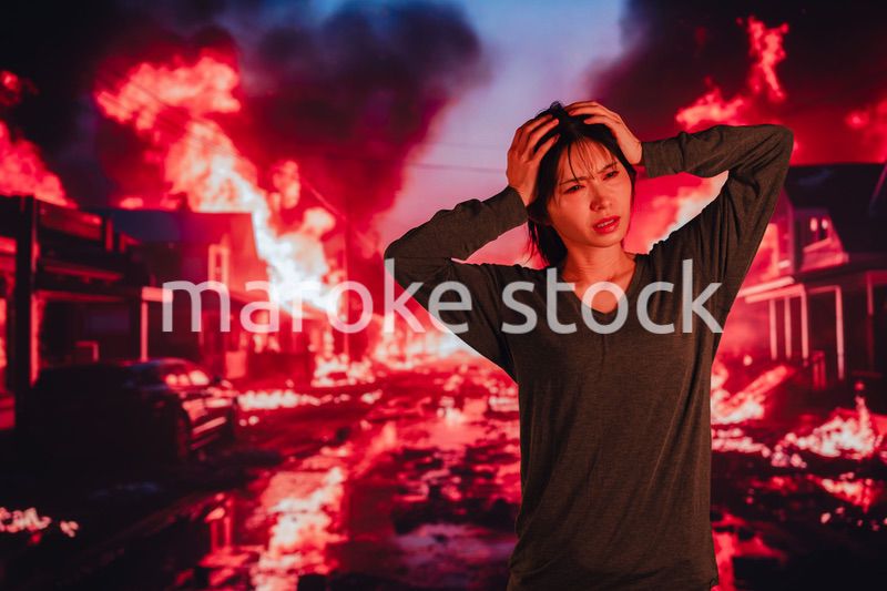 大火災で途方に暮れる若い女性