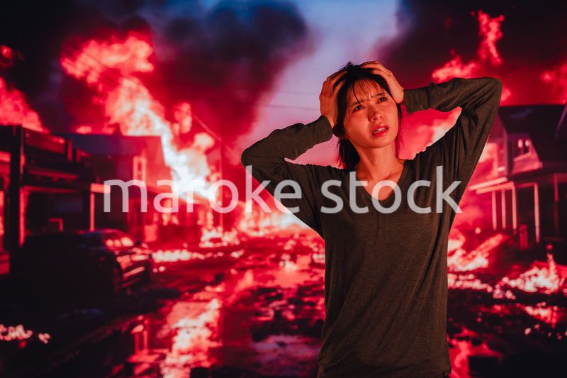 大火災で途方に暮れる若い女性