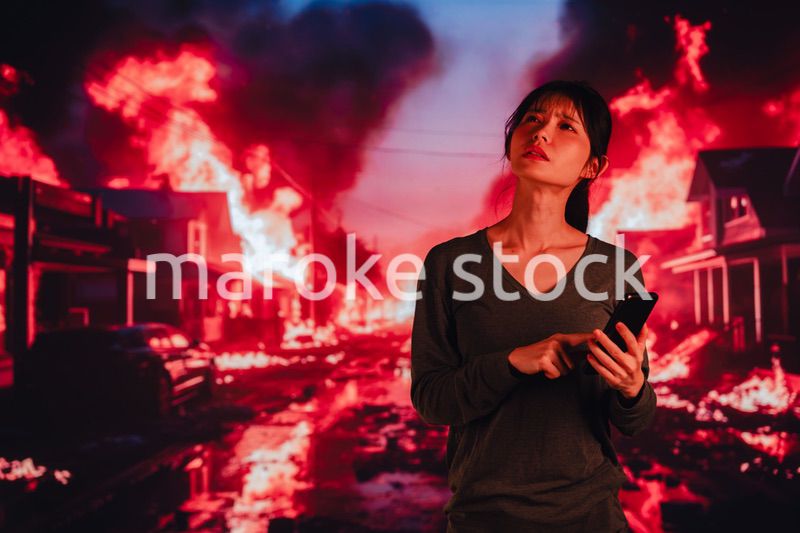 大火災で途方に暮れる若い女性