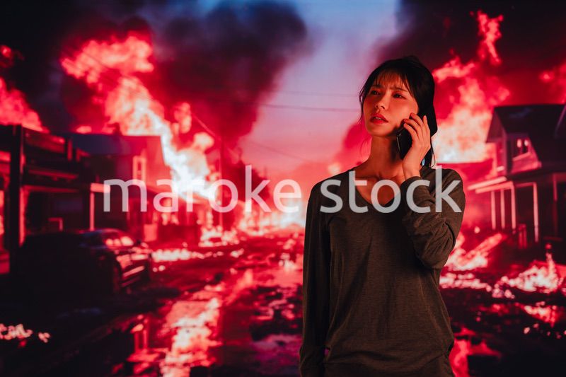 大火災で途方に暮れる若い女性