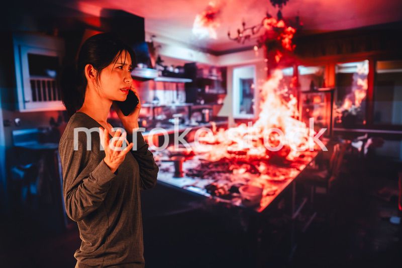 火災が発生し消防に通報をする若い女性