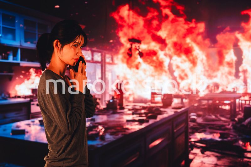 火災が発生し消防に通報をする若い女性