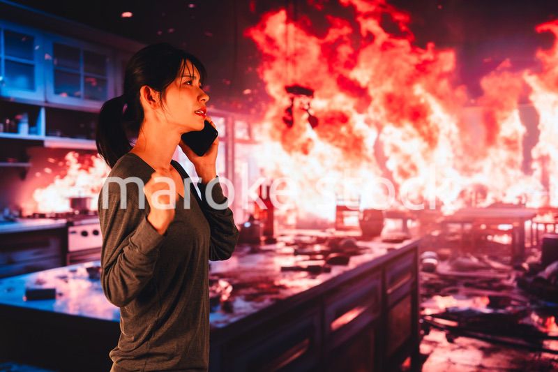 火災が発生し消防に通報をする若い女性