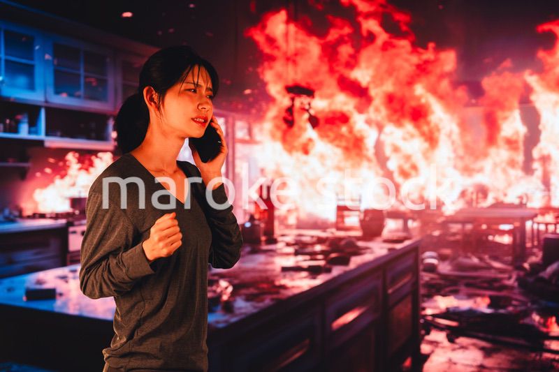 火災が発生し消防に通報をする若い女性