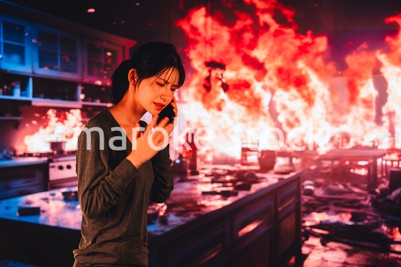 火災が発生し消防に通報をする若い女性