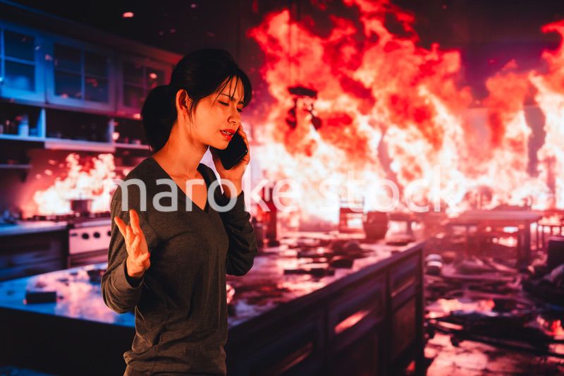 火災が発生し消防に通報をする若い女性