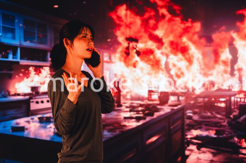 火災が発生し消防に通報をする若い女性