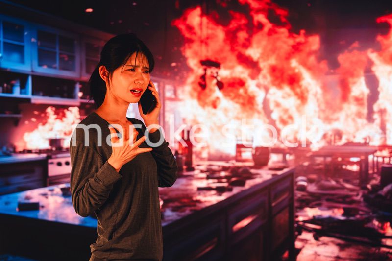 火災が発生し消防に通報をする若い女性