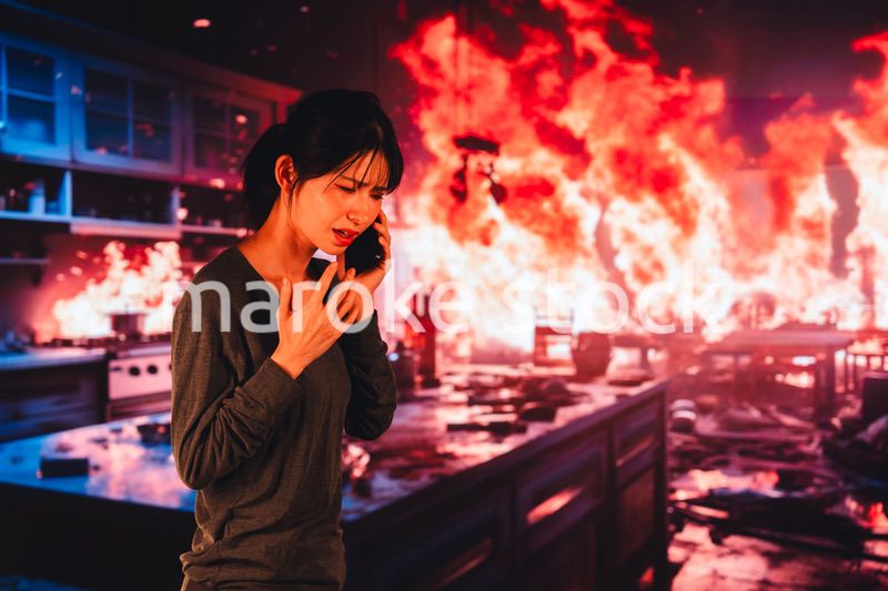 火災が発生し消防に通報をする若い女性