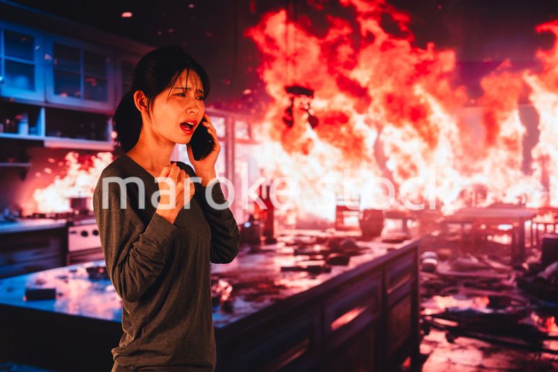 火災が発生し消防に通報をする若い女性