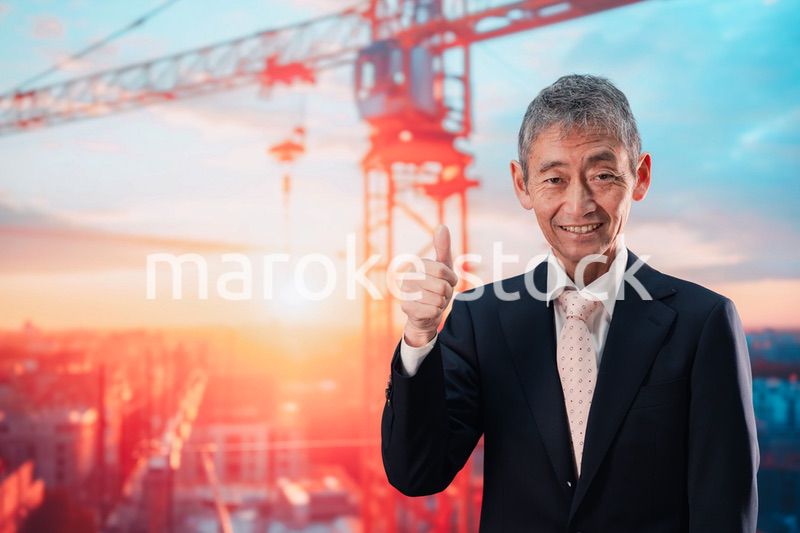 タワークレーンの前に立つスーツ姿の男性ビジネスマン