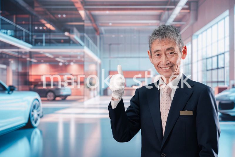 カーディーラーで接客をする男性