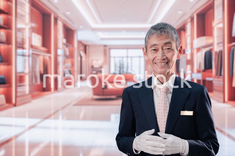 高級ブランド店で接客をする中年の男性